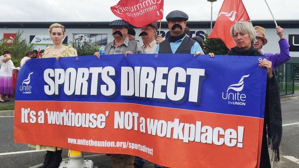 Unite union members outside Sports Direct's Annual General Meeting at their headquarters in Shirebrook, 9 September 2015