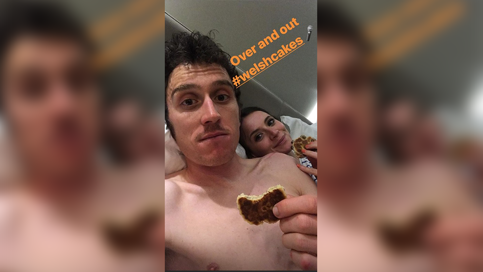 Geraint Thomas and his wife Sara eating Welsh cakes in bed