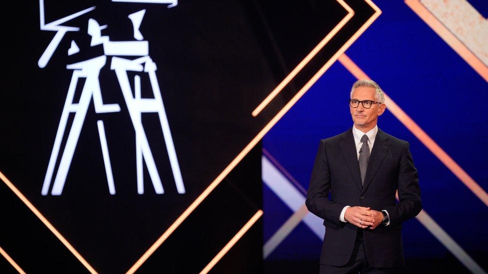 Gary Lineker seen on stage at the BBC Sports Personality Of The Year 2021