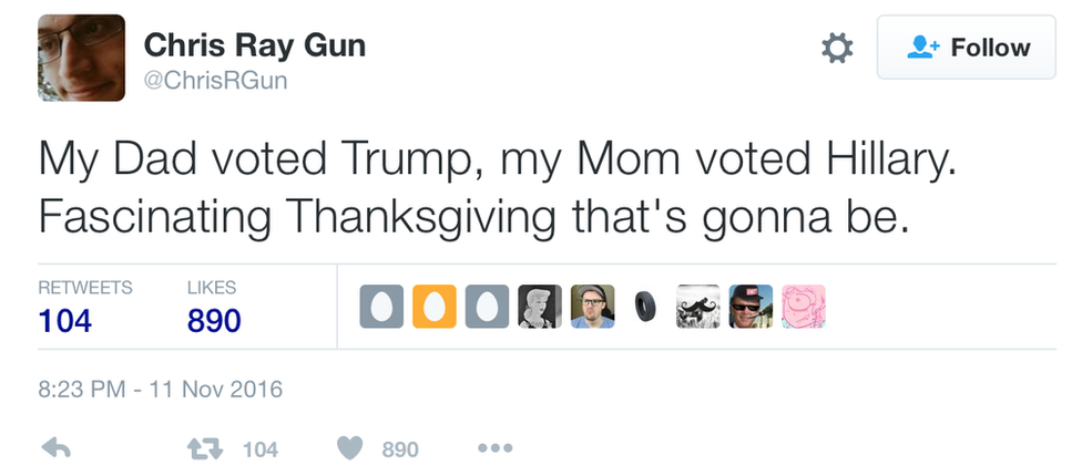 Tweet: My Dad voted Trump, my Mom voted Hillary. Fascinating Thanksgiving that's gonna be.