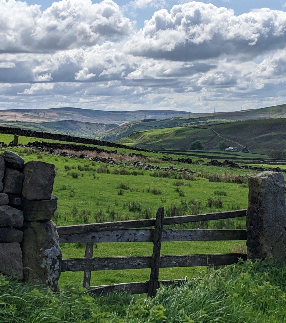 Rolling hills seen behind a wall and gate