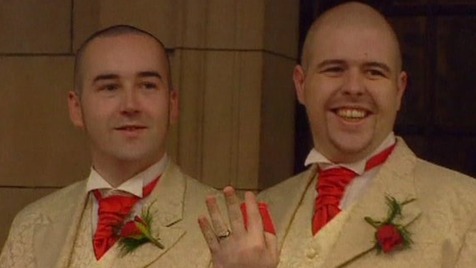 Chris and Henry Flanagan-Kane at their civil partnership ceremony in 2005