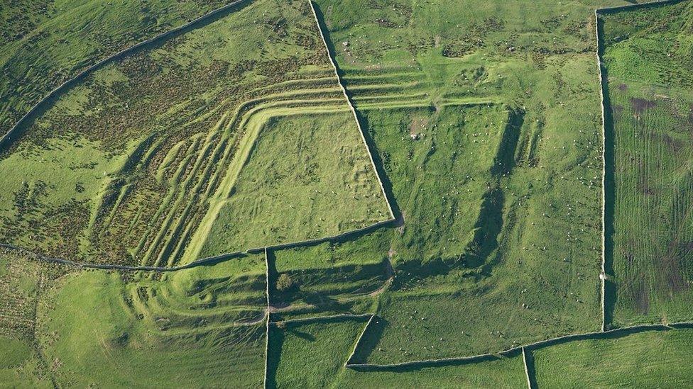 Aerial view of Roman fort dissected by more modern farm walls