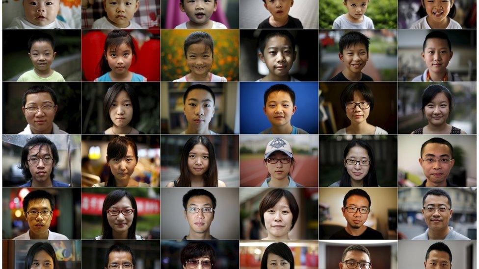 A combination of pictures show a person born in each year of China's one child policy.