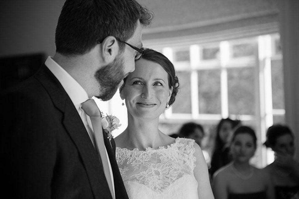 Ellie Finch Hulme and her husband Tom on their wedding day