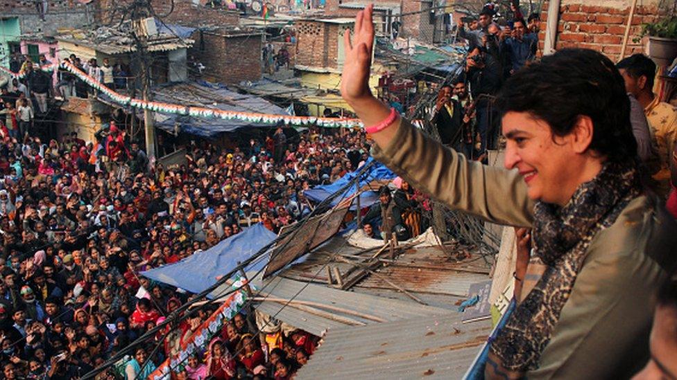 Congress party General Secretary Priyanka Gandhi Vadra, waves to the crowd during the door to door campaign in Noida for the upcoming assembly elections in the northern state of Uttar Pradesh, India on January 31, 2022.