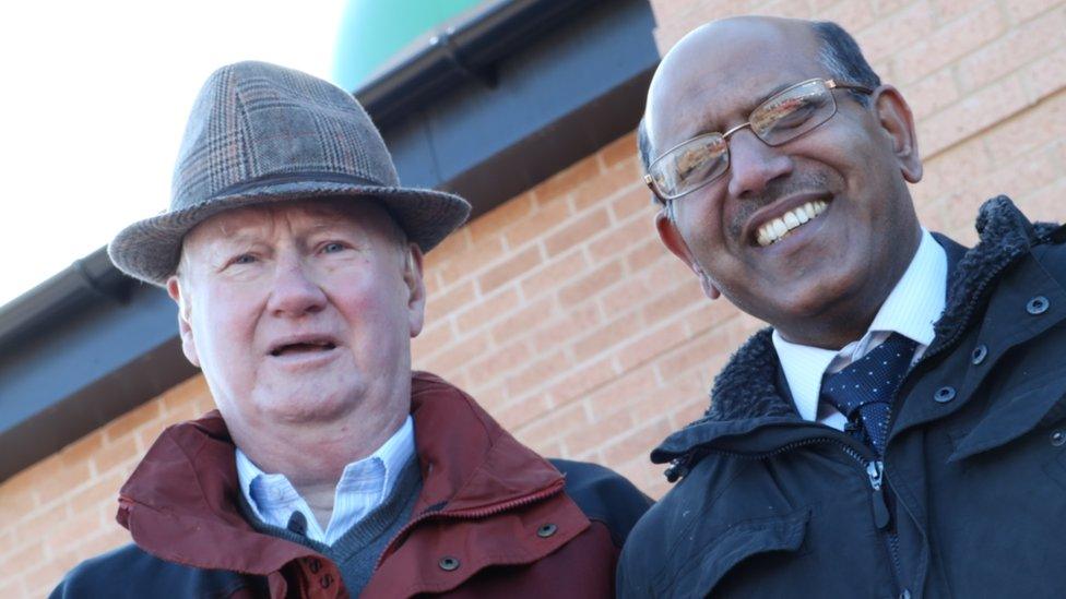 Ian and Tanweer outside the new mosque