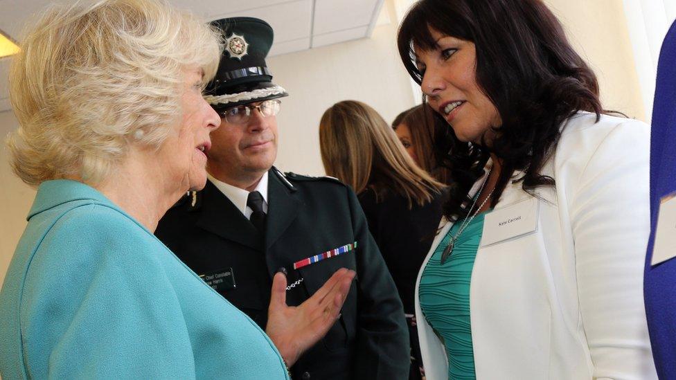 The Duchess of Cornwall chats to Kate Carroll whose husband Constable Stephen Carroll was shot dead by dissident republicans in 2009