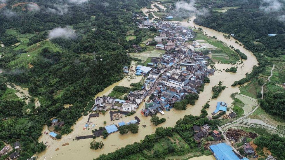 This aerial photo taken on June 9, 2019 shows a general view of submerged buildings and roads