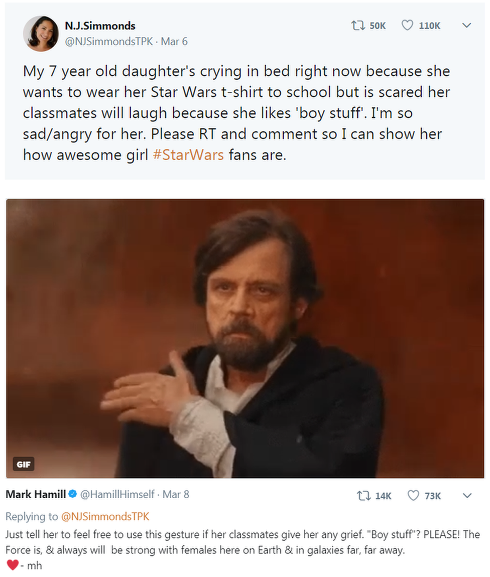 Screengrab of tweet from the girl's mothers. Reads: My 7 year old daughter's crying in bed right now because she wants to wear her Star Wars t-shirt to school but is scared her classmates will laugh because she likes 'boy stuff'. I'm so sad/angry for her. Please RT and comment so I can show her how awesome girl #StarWars fans are. Hamill's response reads: "The Force is, and always will be strong with females here on Earth, and in galaxies far, far away"