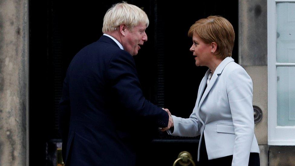 Prime Minister Boris Johnson shakes (shaking) hands with Scotland's First Minister Nicola Sturgeon at Bute House in Edinburgh, Scotland, Britain July 29th 2019