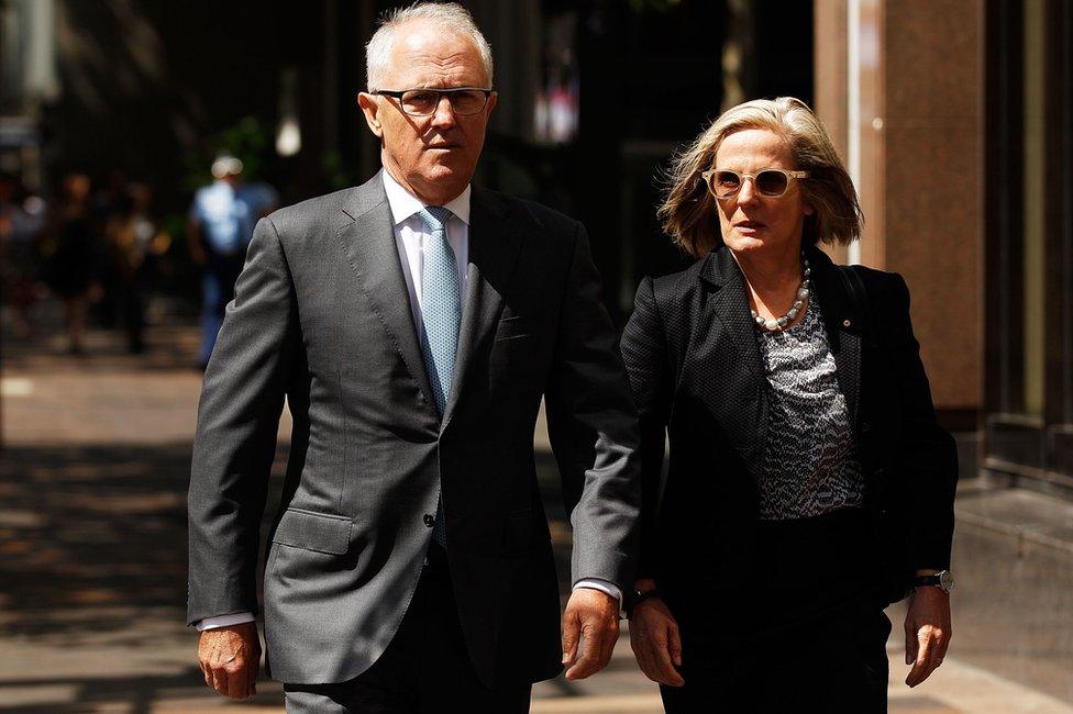 Malcolm Turnbull and his wife Lucy Turnbull arrive for the funeral of Tori Johnson at St Stephen's Uniting Church on 23 December 2014 in Sydney, Australia