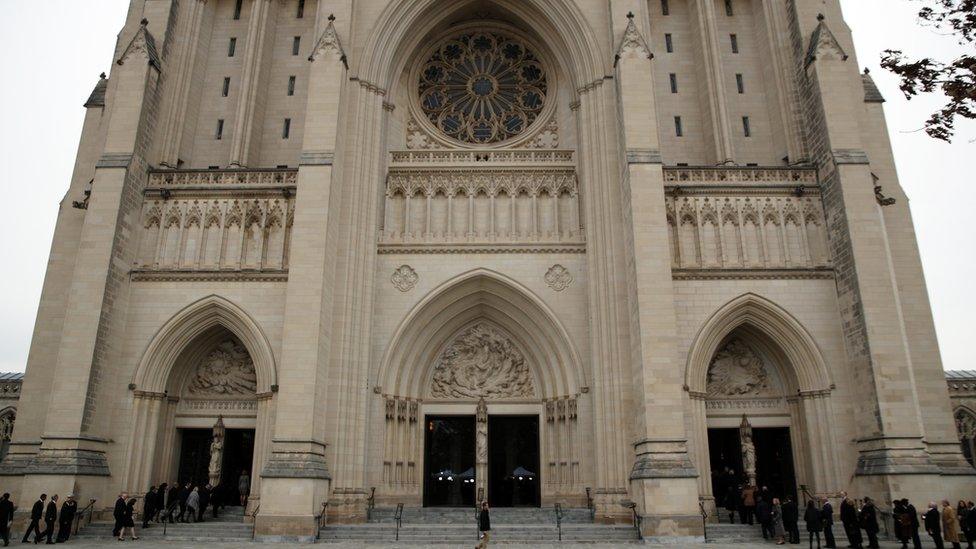 Washington National Cathedral, seen from the outside as mourners enter