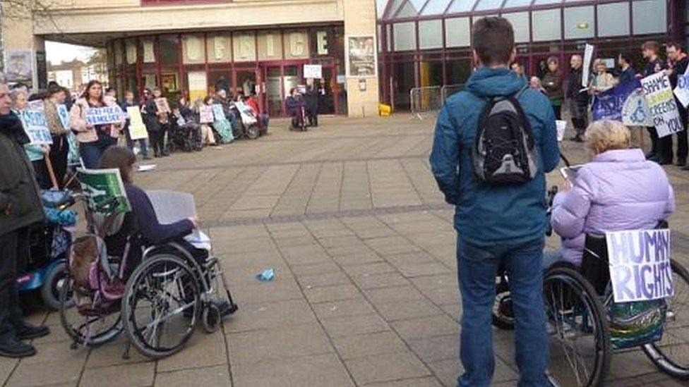 Protestors outside York Barbican Centre