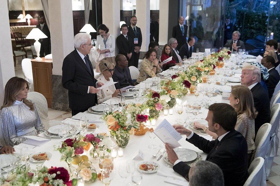 Italian President Sergio Mattarella delivers a speech to the G7 dinner in Taormina, 26 May