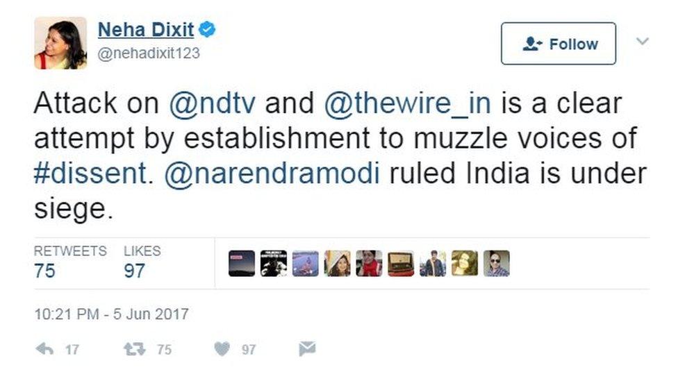 Attack on @ndtv and @thewire_in is a clear attempt by establishment to muzzle voices of #dissent. @narendramodi ruled India is under siege.