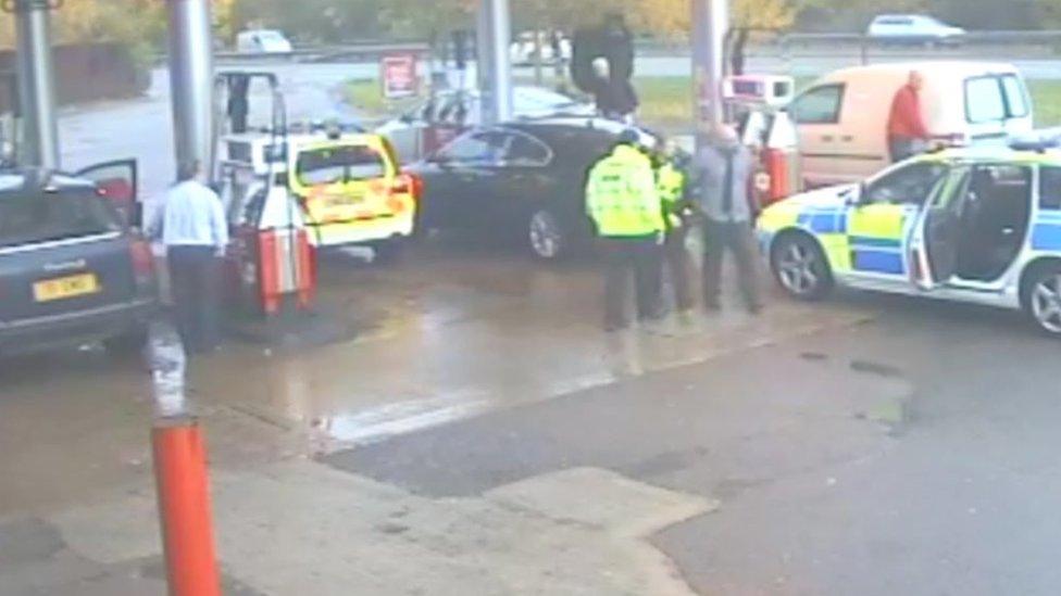 Arrest of Zawed Malik as he stops for fuel in Symonds Yat