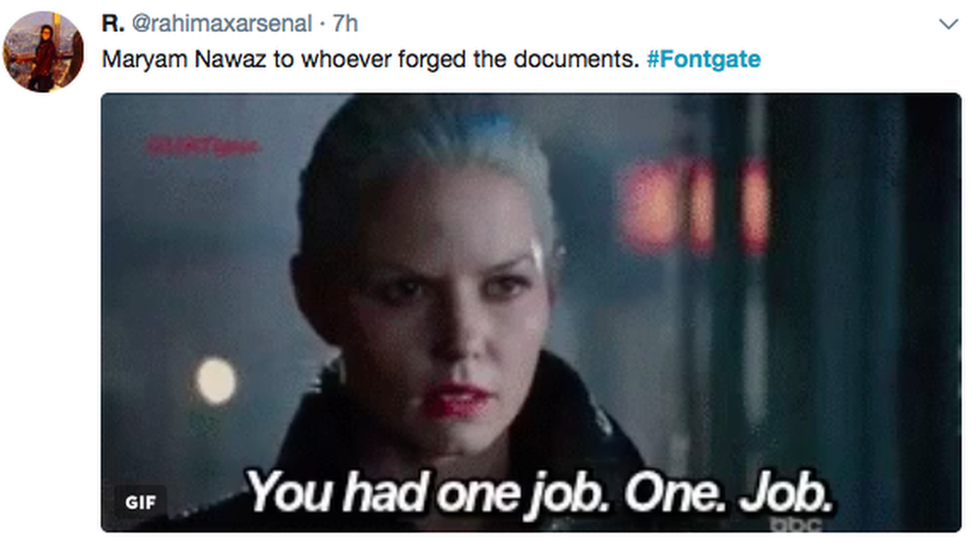 A tweet saying "Maryam Nawaz to whoever forged the documents" followed by a GIF with a caption: "You had one job. One. Job."