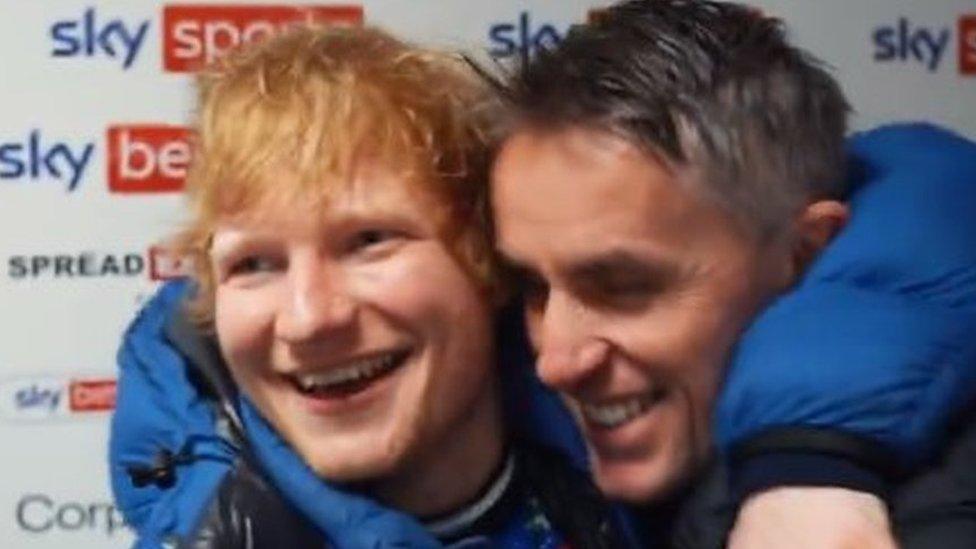 Ed Sheeran with Kieran McKenna at Vicarage Road, Watford