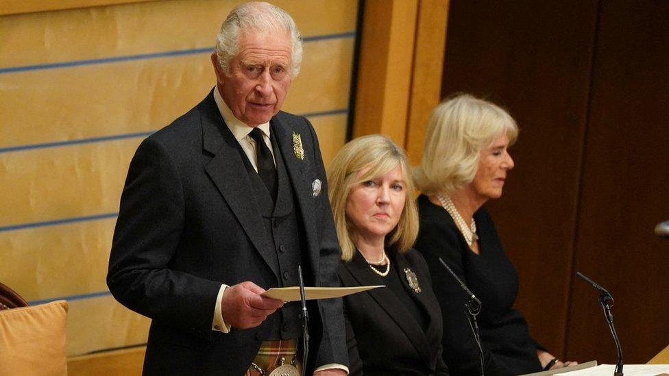 King Charles III and the Queen Consort during a visit to the Scottish Parliament in Holyrood, Edinburgh