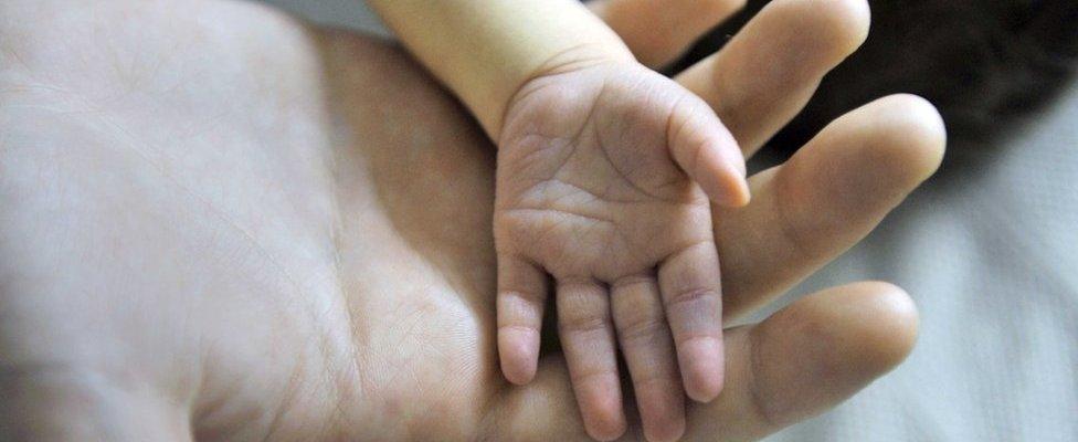 New born baby's hand in an adult's hand