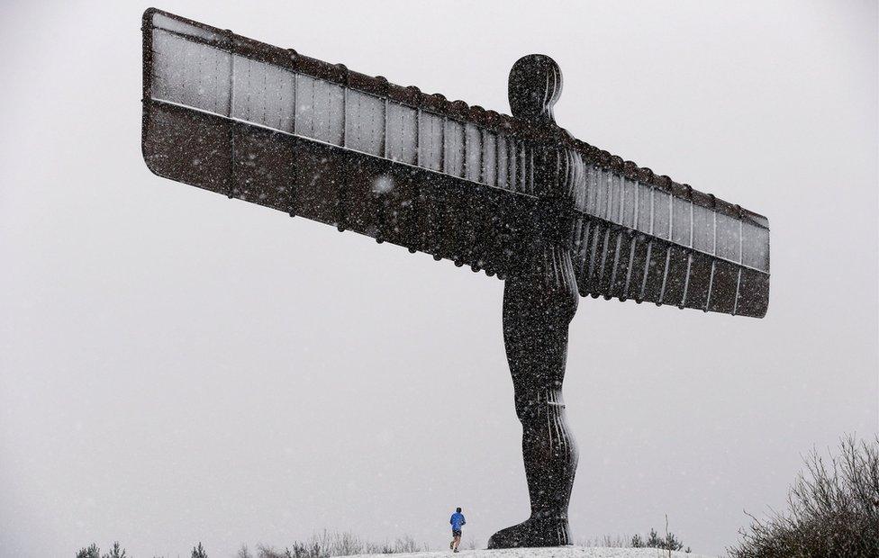 Snow falling on the Angel of the North in Gateshead, Tyne and Wear