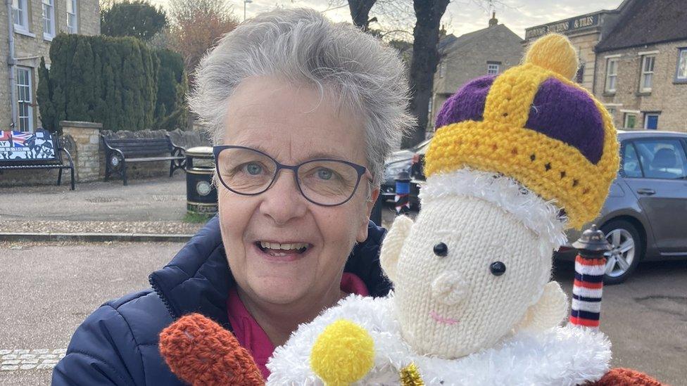 Hilary Sutton with a knitted King Charles III