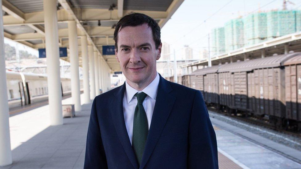 Chancellor of the Exchequer, George Osborne prepares to board a train from the city of Urumqi in north west China to Turpan, 23 September 2015