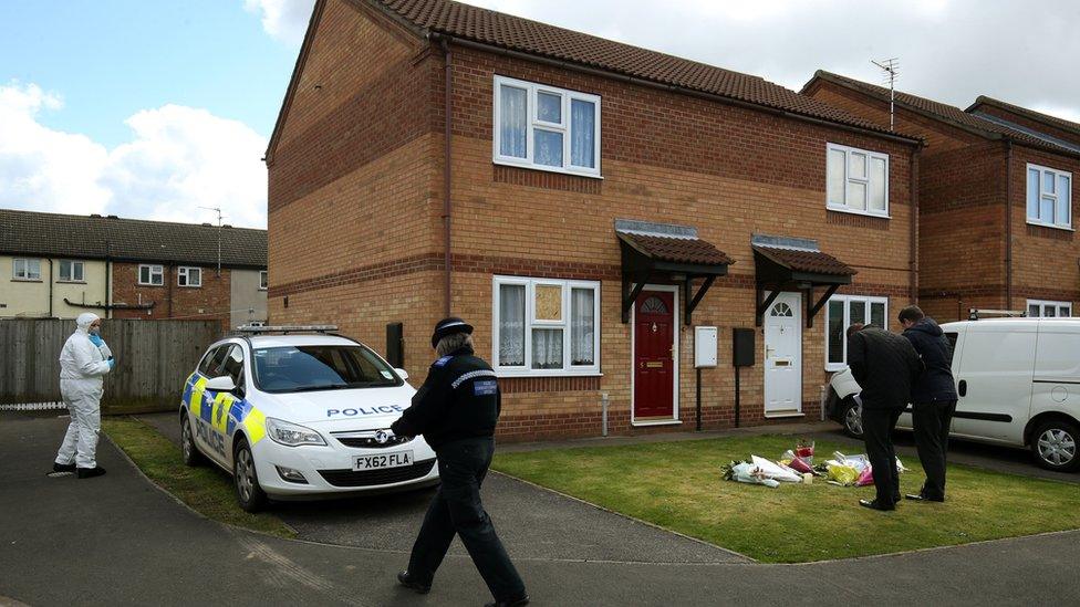 Scene outside a house in Spalding, Lincolnshire, where the bodies of 49-year-old Elizabeth Edwards and 13-year-old Katie were found in April
