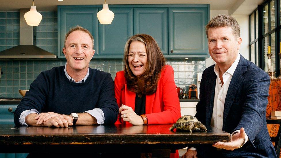 Tortoise founders: Editor James Harding, publisher Katie Vanneck-Smith and chairman Matthew Barzun, the former US Ambassador to Britain (with Agatha the tortoise)