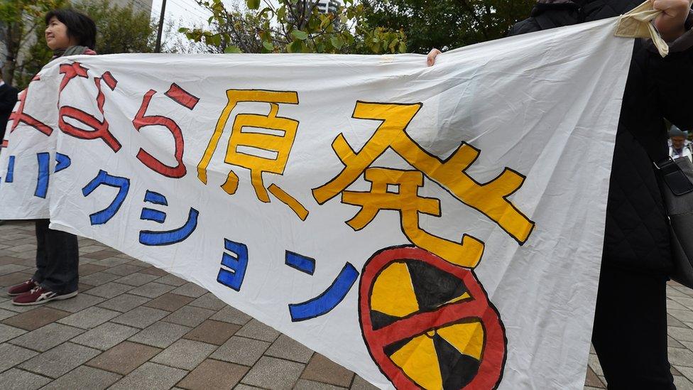 Protesters with anti-nuclear banner