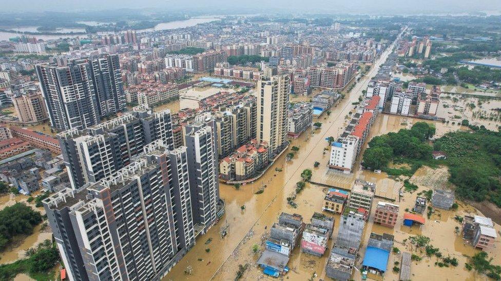 Flooded buildings and streets after heavy rains in Qingyuan city