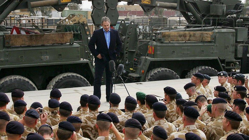 Tony Blair British addressing troops in Basra, Iraq, in 2005.