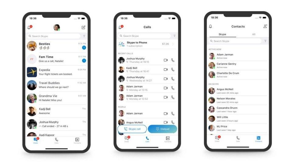 Screenshots of the skype app