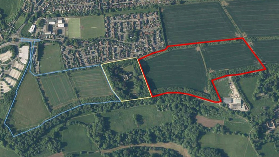 A map of countryside near Bath showing the sections earmarked for development