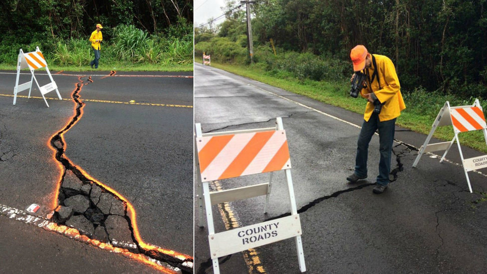 In this handout photo provided by the U.S. Geological Survey, ground cracking extends across Highway 130 on May 7, 2018 in Puna, Hawaii. USGS-HVO scientists measured the width of the cracks and used a thermal camera to look for heat within the cracks, but no significant temperature difference was noted.