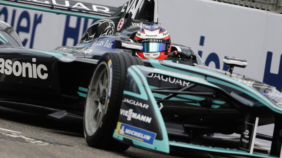 Jaguar race car on the track at the Hong Kong e-prix