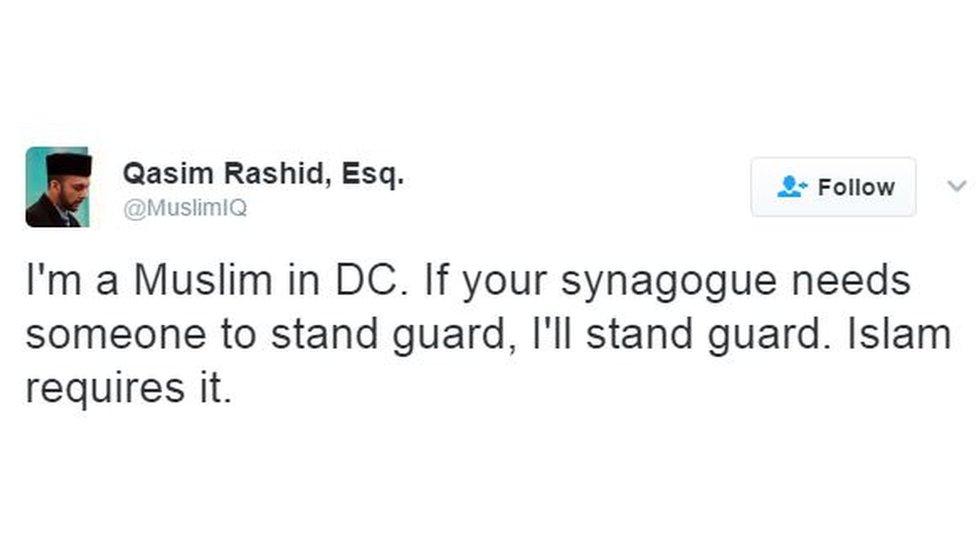 Tweet reads: I'm a Muslim in DC. I your synagogue needs someone to stand guard, I'll stand guard. Islam requires it.