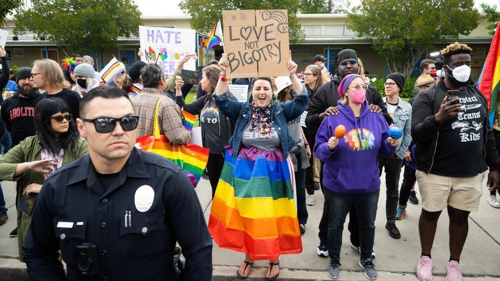 Protesters on Friday outside Saticoy Elementary School