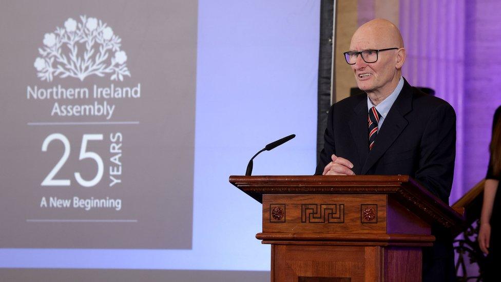 Billy Hutchinson speaks at the Good Friday Agreement anniversary event at Stormont's Parliament Buildings