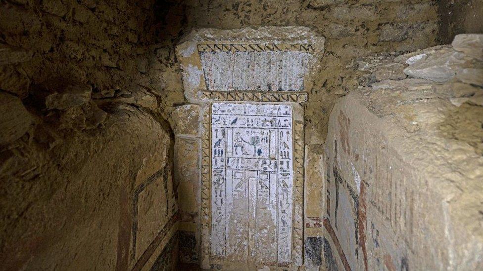 A tomb found at an ancient burial site south of Cairo, with hieroglyphics