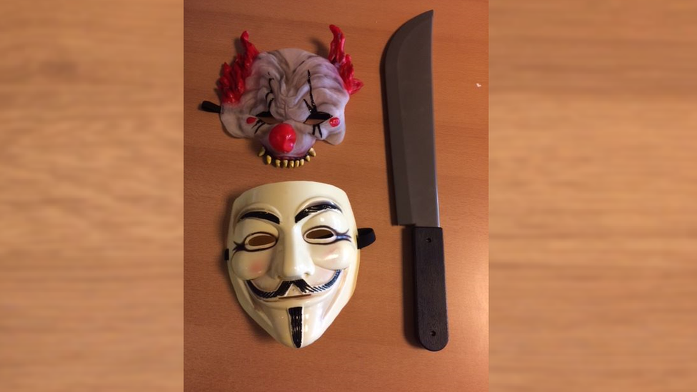 Masks and a plastic machete confiscated by police in Howletch, County Durham