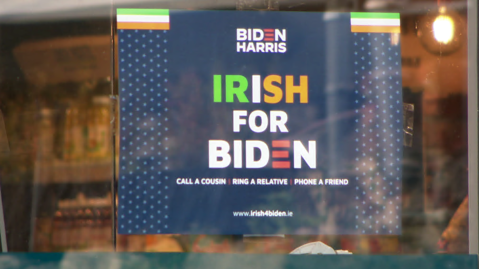 Many shop windows in Carlingford now display "Irish For Biden" posters.