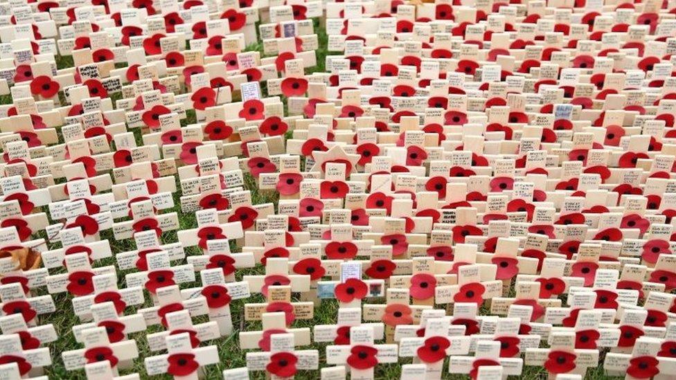 Little crosses with poppies on are displayed at the Field of Remembrance at Westminster Abbey in central London