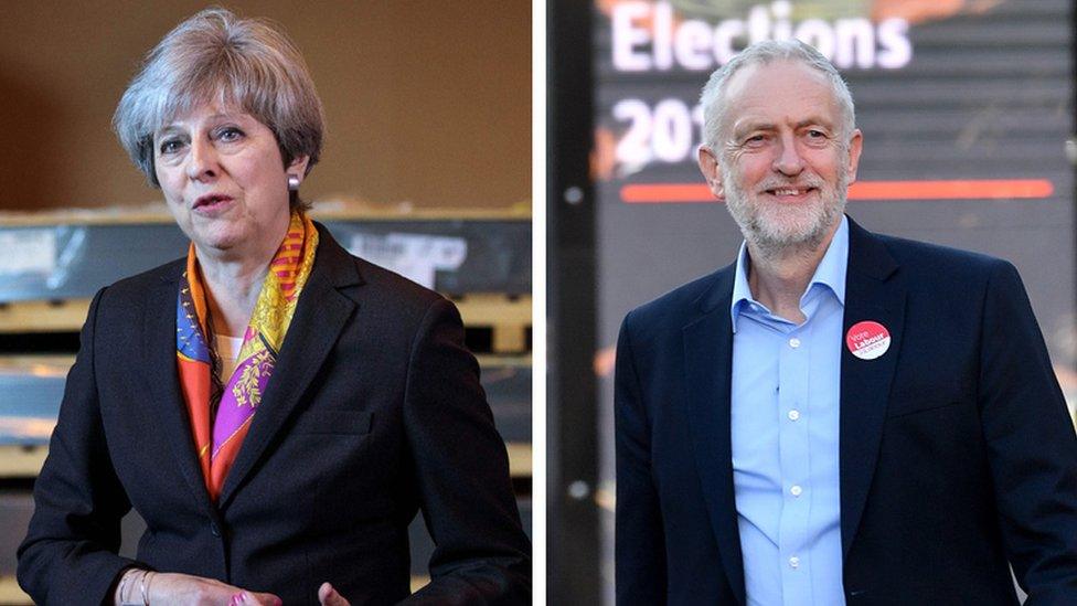 Theresa May next to picture of Jeremy Corbyn