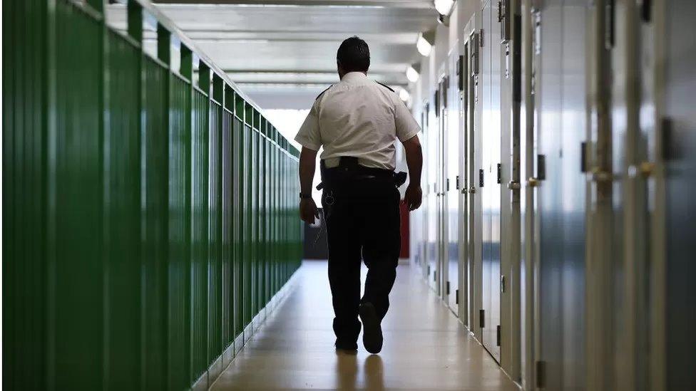 Prison officer walking down block of cells