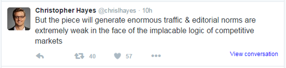 A tweet reads: "But the piece will generate enormous traffic & editorial norms are extremely weak in the face of the implacable logic of competitive markets"