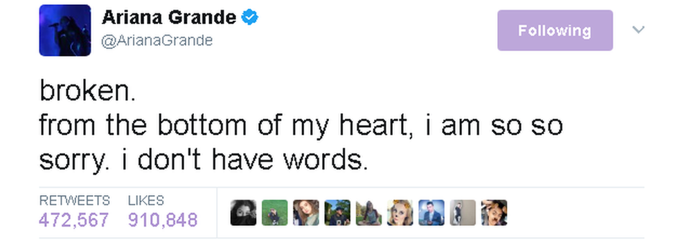 Ariana Grande's tweet: Broken. From the bottom of my heart, I am so so sorry. I don't have words.