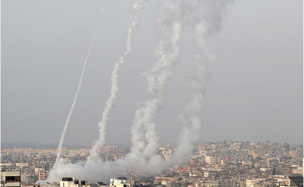 Rockets are launched by Palestinian militants into Israel, in Gaza, 10 May 2021