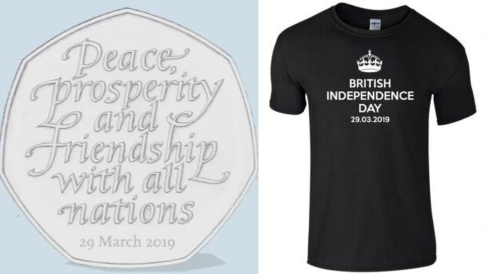 Commemorative Brexit coin design and a screenshot of a 'Brexit Independence Day' t-shirt on the Lanark Print Company website